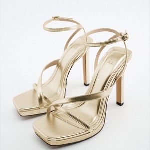 Zara Gold High Heel Platform Sandals Size 39 (F)